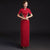 Short Sleeve Floral Appliques Full Length Cheongsam Chinese Prom Dress