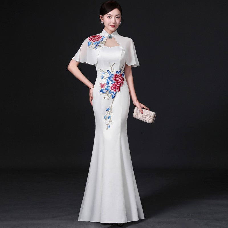 prom dress in chinese Trumpet Sleeve Cheongsam Top Chinese Prom Dress with Sequins Edge