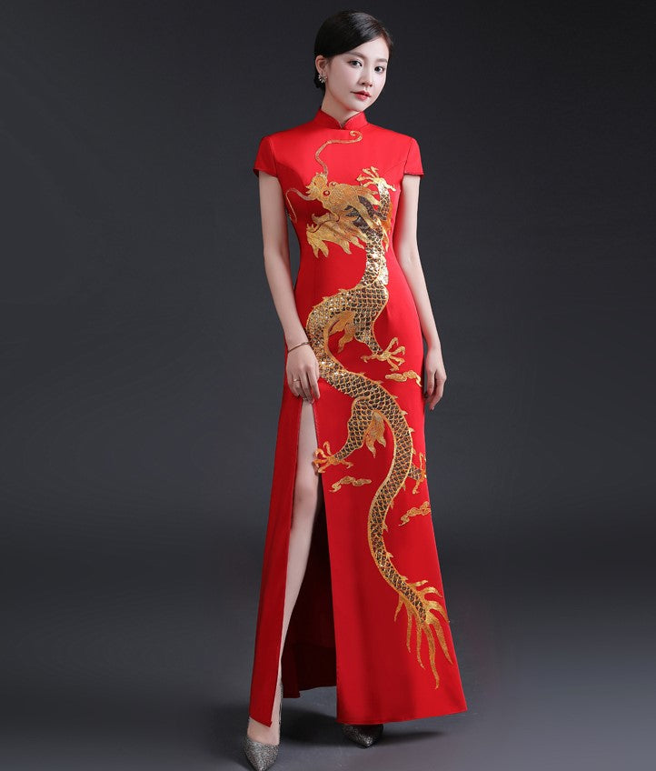 Qipao Dragon Dragon Embroidery Cap Sleeve Cheongsam Chinese Prom