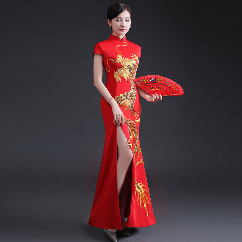 Dragon Embroidery Cap Sleeve Cheongsam Chinese Prom Dress Dragon Embroidery Cap Sleeve Cheongsam Chinese Prom Dress