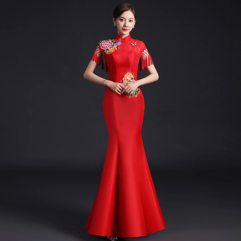 Floral Appliques Lace Neck Mermaid Chinese Prom Dress with Tassels Red / 3XL Floral Appliques Lace Neck Mermaid Chinese Prom Dress with Tassels Red / 3XL