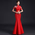 Floral Appliques Lace Neck Mermaid Chinese Prom Dress with Tassels