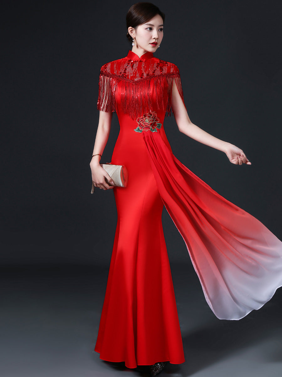 Floral Applique Brocade Mermaid Chinese Prom Dress with Sequins Tassel – IDREAMMART