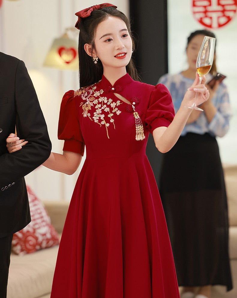 asian dresses for prom Phoenix & Floral Embroidery Long Sleeve Cheongsam Top Chinese Dress Burgundy / 5XL I have some stock for size US2 prom dresses asian HOT !