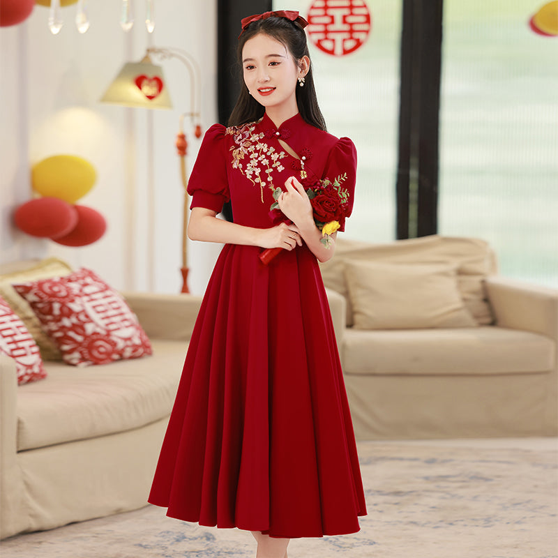 Puff Sleeve Floral Emboidery Cheongsam Top Chinese Prom Dress with Pleated Skirt Red / 5XL Puff Sleeve Floral Emboidery Cheongsam Top Chinese Prom Dress with Pleated Skirt Red / 5XL