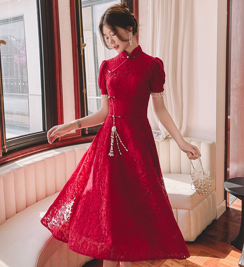 Puff Sleeve Floral Lace Cheongsam Top Chinese Prom Dress with Pleated Skirt Red / 5XL Puff Sleeve Floral Lace Cheongsam Top Chinese Prom Dress with Pleated Skirt Red / 5XL