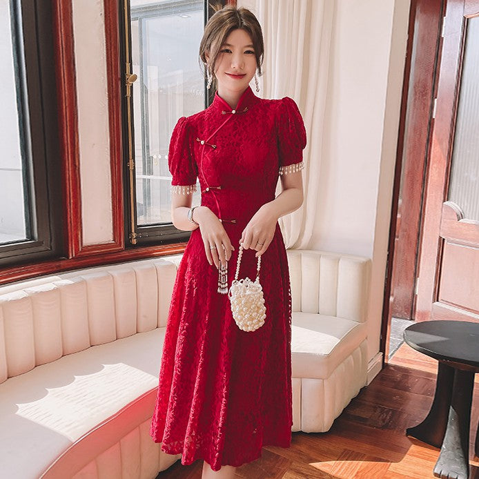 asian dress prom Puff Sleeve Floral Lace Cheongsam Top Chinese with Red / 5XL Size:11-15 years without fin (only dress) Perfect for prom _smoking MANGO Women's Midi Vest