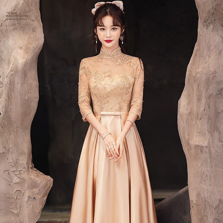 embroidered top prom dress Illusion Neck Floral Embroidery Cheongsam Top Chinese Prom Dress with Pleated Skirt Khaki / XS