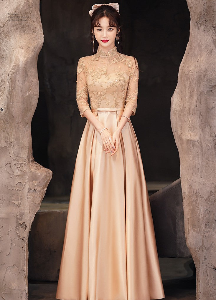 Illusion Neck Floral Embroidery Cheongsam Top Chinese Prom Dress with Pleated Skirt Khaki / XS Illusion Neck Floral Embroidery Cheongsam Top Chinese Prom Dress with Pleated Skirt Khaki / XS