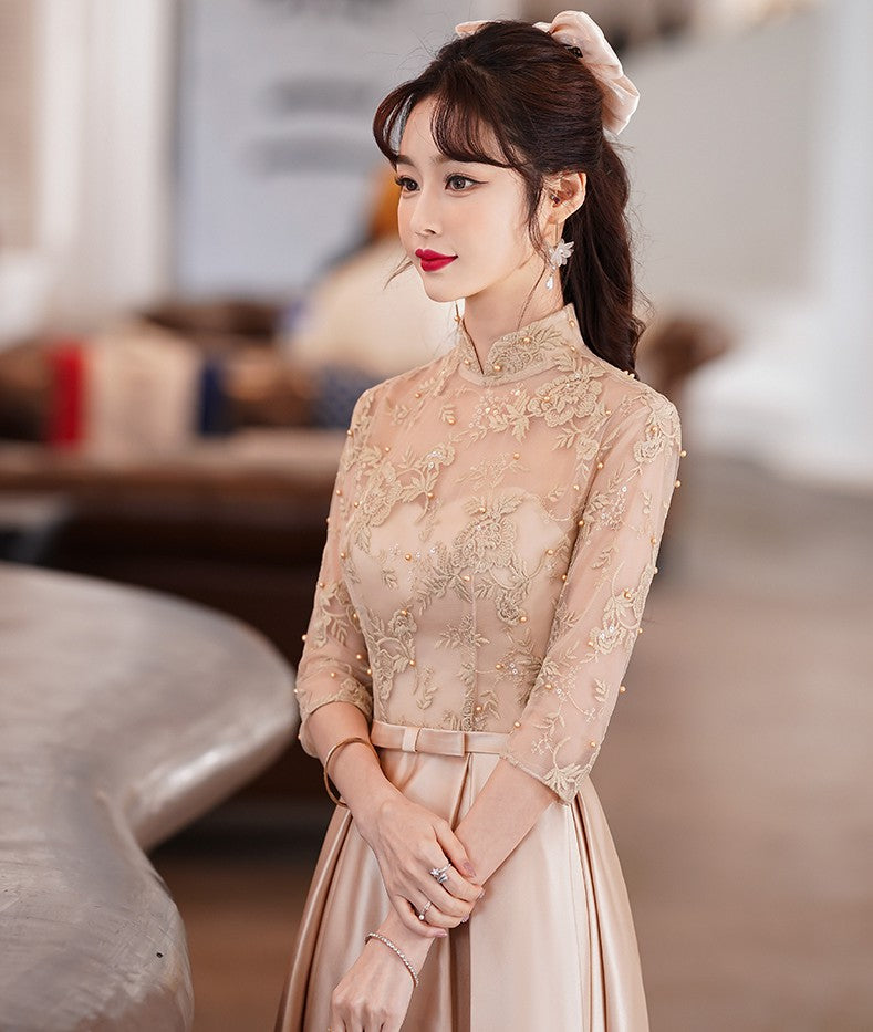 Illusion Neck Floral Embroidery Cheongsam Top Chinese Prom Dress with Pleated Skirt Khaki / Xs Illusion Neck Floral Embroidery Cheongsam Top Chinese Prom Dress with Pleated Skirt Khaki / Xs