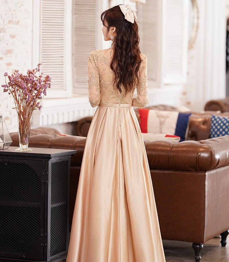 Illusion Neck Floral Embroidery Cheongsam Top Chinese Prom Dress with Pleated Skirt Khaki / XS Illusion Neck Floral Embroidery Cheongsam Top Chinese Prom Dress with Pleated Skirt Khaki / XS