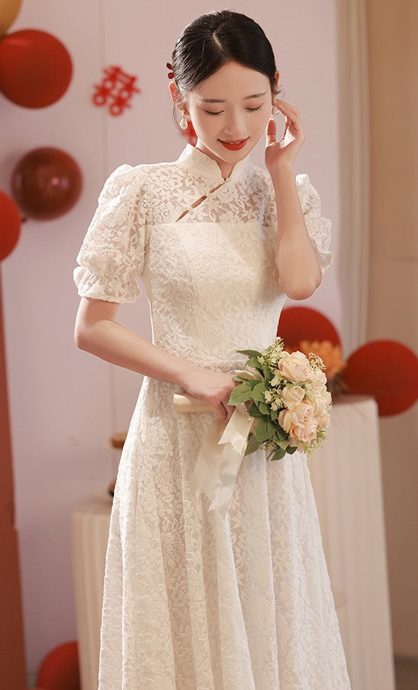 Puff Sleeve Illusion Neck Floral Lace Cheongsam Top Chinese Prom Dress White / 6XL Puff Sleeve Illusion Neck Floral Lace Cheongsam Top Chinese Prom Dress White / 6XL
