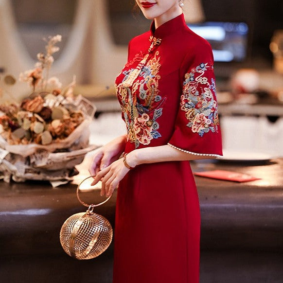 chinese prom dress Sequin Velvet Long Qipao US 10 / UK 14 Red Prom Dress Traditional Chinese