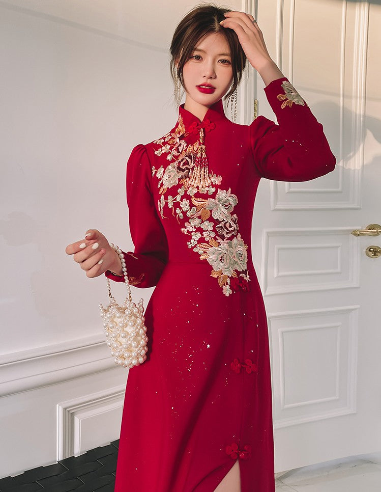 Phoenix & Floral Embroidery Long Sleeve Cheongsam Top Chinese Prom Dress Burgundy / 5XL Phoenix & Floral Embroidery Long Sleeve Cheongsam Top Chinese Prom Dress Burgundy / 5XL