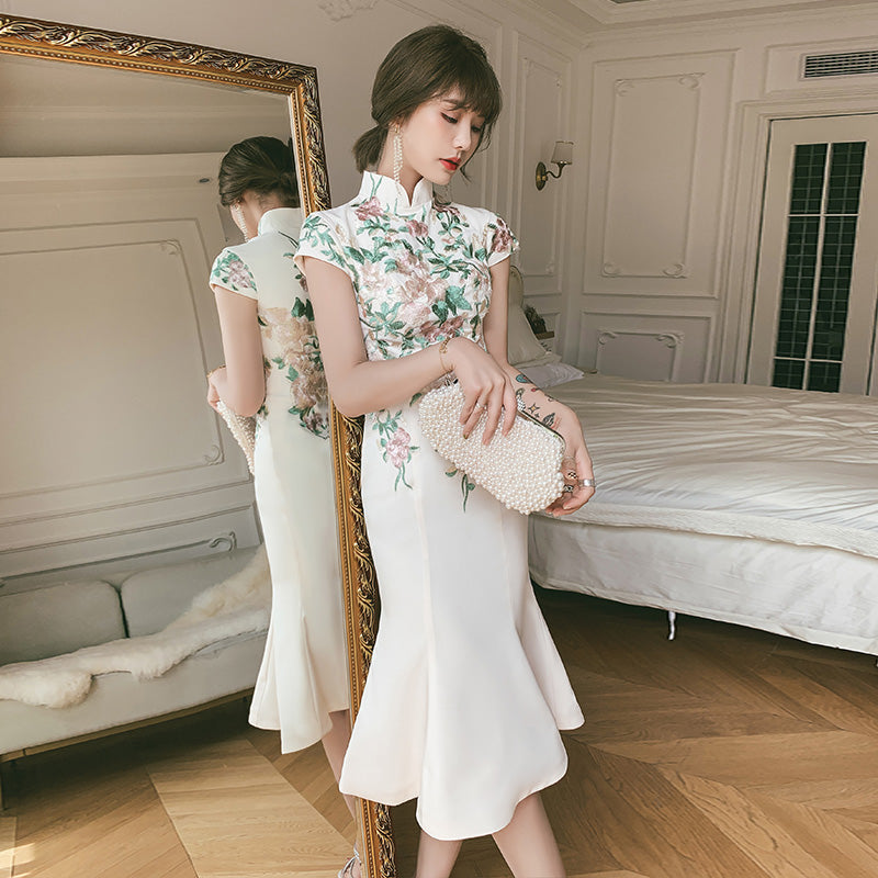 Cap Sleeve Floral Embroidery Cheongsam Top Mermaid Chinese Prom Dress White / XS Cap Sleeve Floral Embroidery Cheongsam Top Mermaid Chinese Prom Dress White / XS