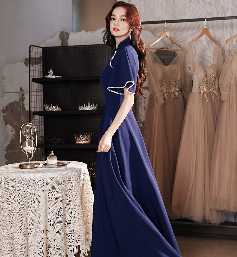 asian prom dresses Trumpet Sleeve Cheongsam Top Chinese Prom Dress with Sequins Edge Navy / 6XL