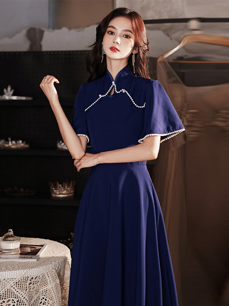 Trumpet Sleeve Cheongsam Top Chinese Prom Dress with Sequins Edge Navy / L Trumpet Sleeve Cheongsam Top Chinese Prom Dress with Sequins Edge Navy / L