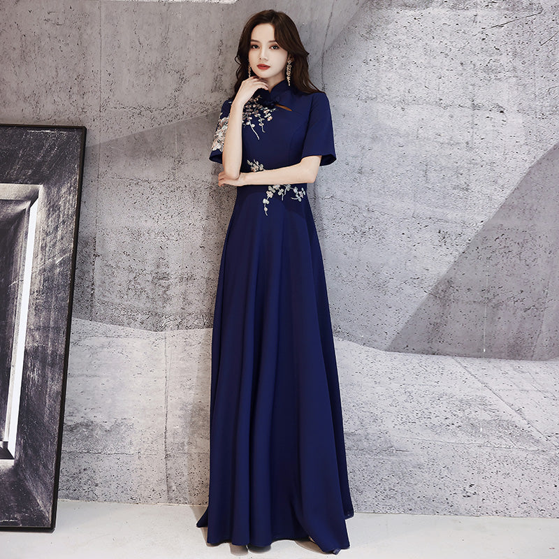 china dress prom Chinese Style Gold Beadings Red Satin Long Formal Floral Embroidery Sleeve Floral Embroidery Half Sleeve Cheongsam