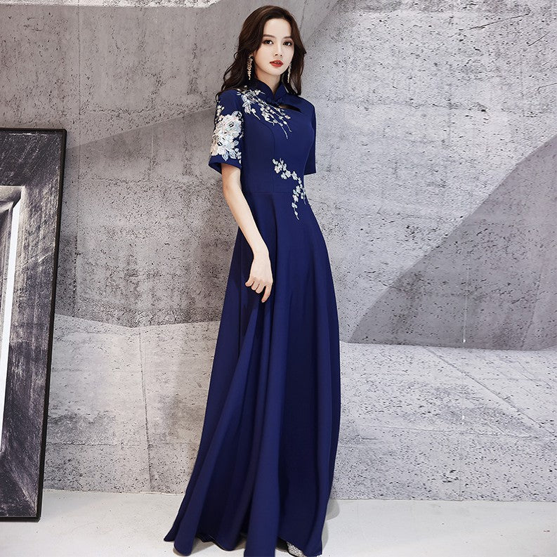 china dress prom Floral Embroidery Half Sleeve Cheongsam Top Full Length Chinese – IDREAMMART Hand Block Size:Custom Size: An agent will contact you For washing tips Maxi Dress Ladies White