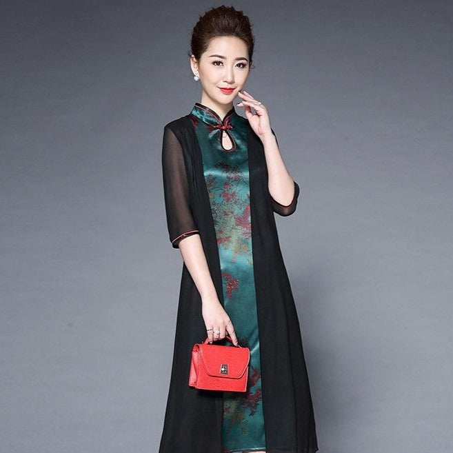 Keyhole Neck Knee Length Floral Cheongsam Mother Dress with Shawl