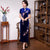 Mandarin Collar Full Length Floral Appliques Velvet Cheongsam Evening Dress