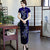 Keyhole Neck Full Length Floral Appliques Velvet Cheongsam Evening Dress