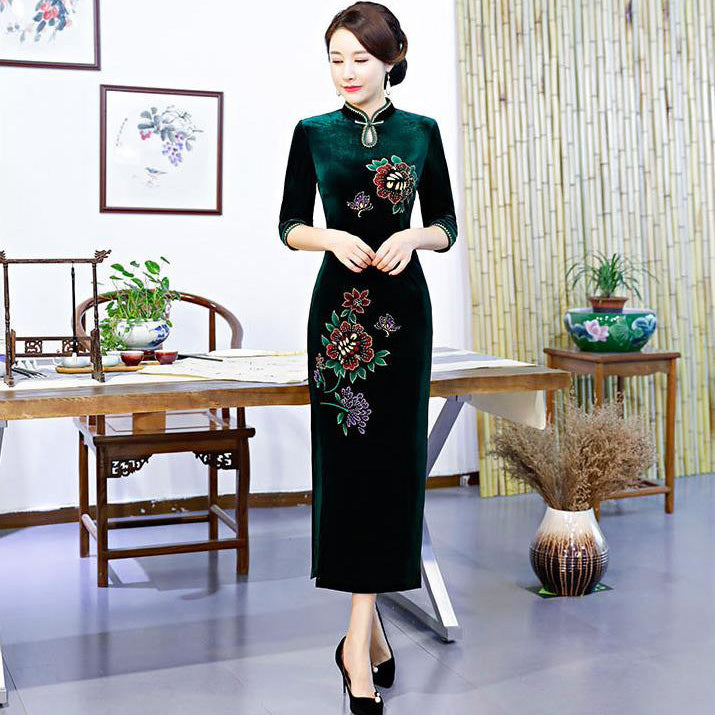 3/4 Sleeve Full Length Floral Sequins Velvet Cheongsam Mother Dress