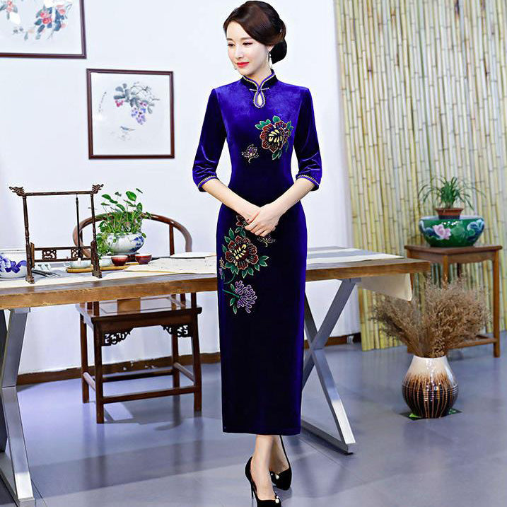 3/4 Sleeve Full Length Floral Sequins Velvet Cheongsam Mother Dress