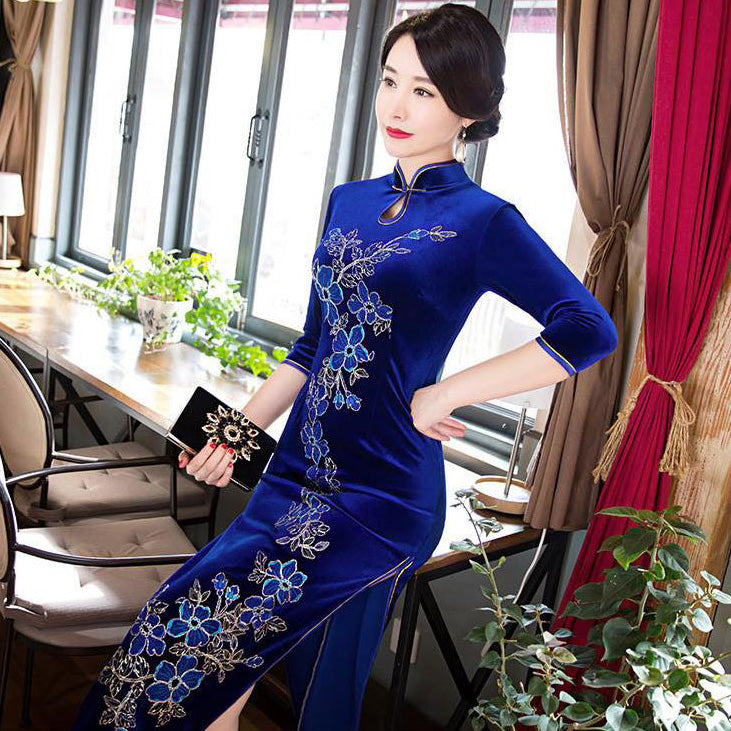 Floral Embroidery Full Length Velvet Cheongsam Mother Dress