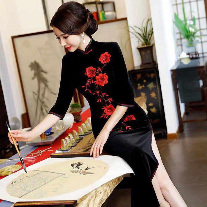 Floral Embroidery Tea Length Thick Velvet Cheongsam Mother Dress