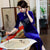 Full Length Velvet Cheongsam Mother Dress with Handmade Floral Sequins