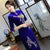 Half Sleeve Floral Sequins Full Length Velvet Cheongsam Evening Dress