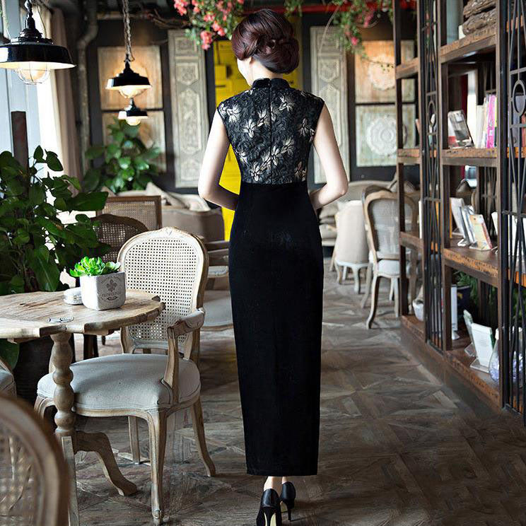 Full Length Sleeveless Lace Cheongsam Chinese Evening Dress