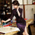 Half Sleeve Keyhole Neck Tea Length Velvet Cheongsam Mother Dress