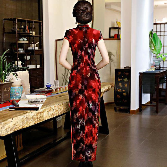 Cap Sleeve Full Length Velvet Cheongsam Qipao Dress