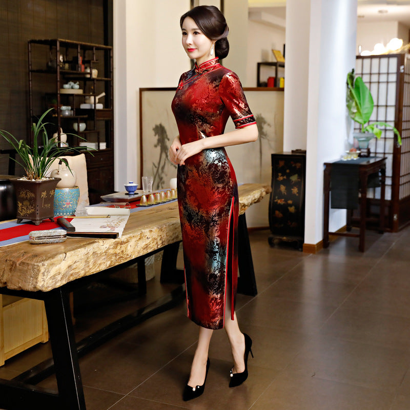 Half Sleeve Full Length Floral Velvet Cheongsam Mother Dress