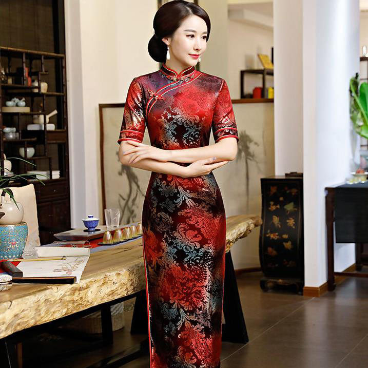 Half Sleeve Full Length Floral Velvet Cheongsam Mother Dress