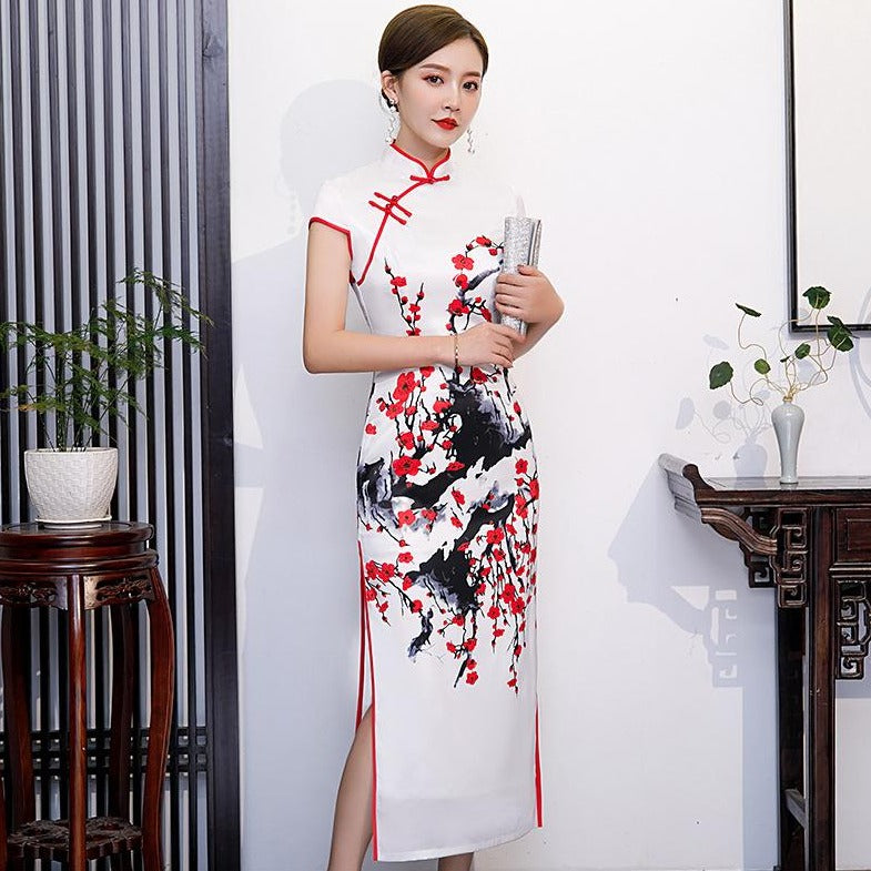 Cap Sleeve Full Length Cheongsam Floral Chinese Dress Evening Gown