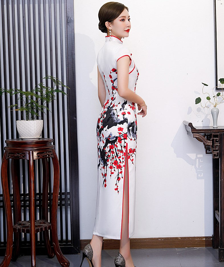 Cap Sleeve Full Length Cheongsam Floral Chinese Dress Evening Gown