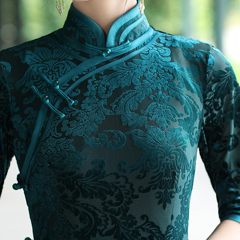Half Sleeve Tea Length Floral Velvet Traditional Cheongsam Chinese Dress