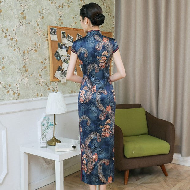 Cap Sleeve Floral Silk Full Length Traditional Cheongsam Chinese Dress