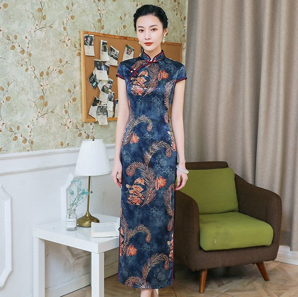 Cap Sleeve Floral Silk Full Length Traditional Cheongsam Chinese Dress