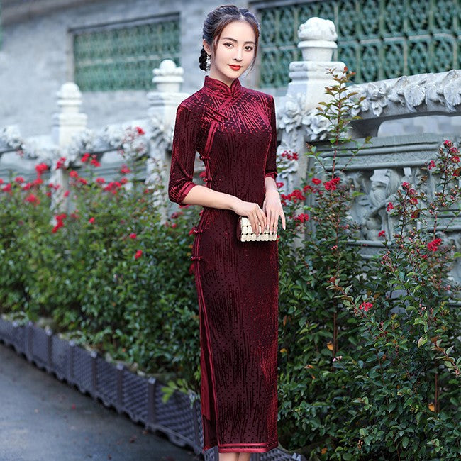 3/4 Sleeve Tea Length Velvet Traditional Cheongsam Chinese Dress Burgundy / 4XL 3/4 Sleeve Tea Length Velvet Traditional Cheongsam Chinese Dress Burgundy / 4XL