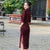 3/4 Sleeve Tea Length Velvet Traditional Cheongsam Chinese Dress