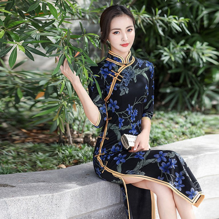 3/4 Sleeve Tea Length Floral Woolen Traditional Cheongsam Chinese Dress Navy / L