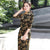 3/4 Sleeve Tea Length Floral Flocking Traditional Cheongsam Chinese Dress