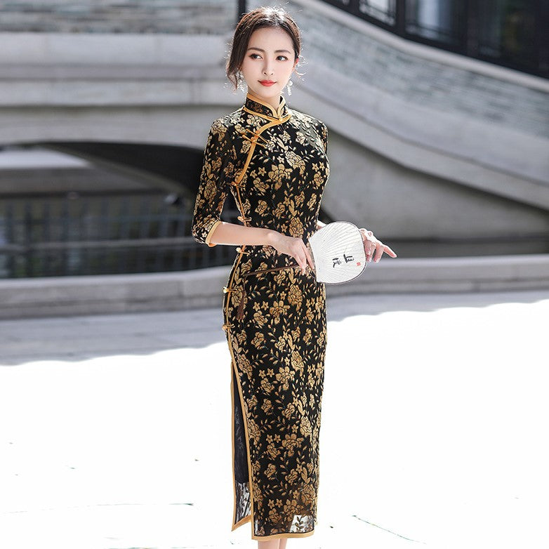 3/4 Sleeve Tea Length Floral Flocking Traditional Cheongsam Chinese Dress Black / XL 3/4 Sleeve Tea Length Floral Flocking Traditional Cheongsam Chinese Dress Black / XL