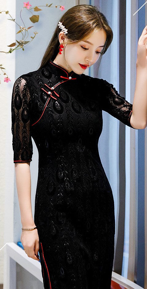 Peacock Tail Pattern Flocking & Lace Full Length Cheongsam Chinese Dress Peacock Tail Pattern Flocking & Lace Full Length Cheongsam Chinese Dress