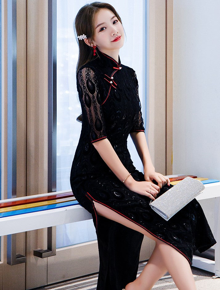 Peacock Tail Pattern Flocking & Lace Full Length Cheongsam Chinese Dress Peacock Tail Pattern Flocking & Lace Full Length Cheongsam Chinese Dress
