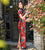 Vestido chino cheongsam tradicional de longitud completa de seda floral de manga corta